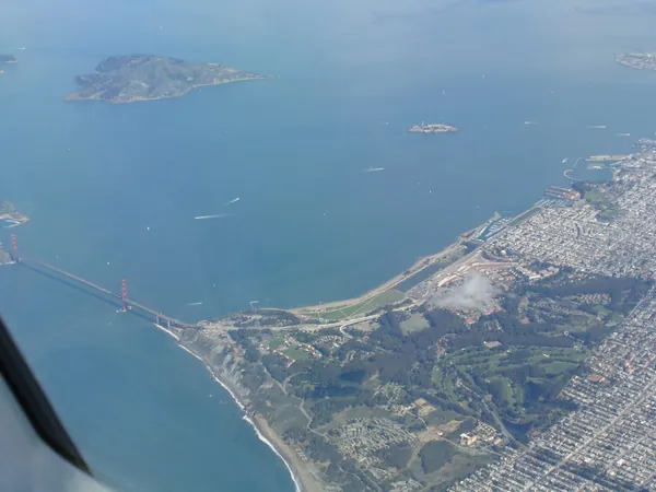 San Francisco with on top, just right of the center: Alcatraz (the small island).