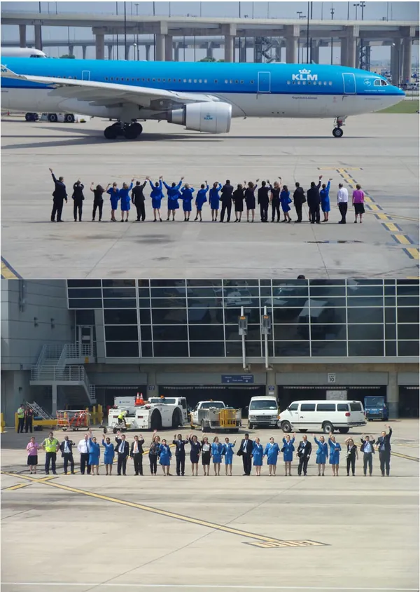 Festive first flight of the summer season from Dallas, Texas: Waved goodbye by the entire airport handling staff plus a special delegation.