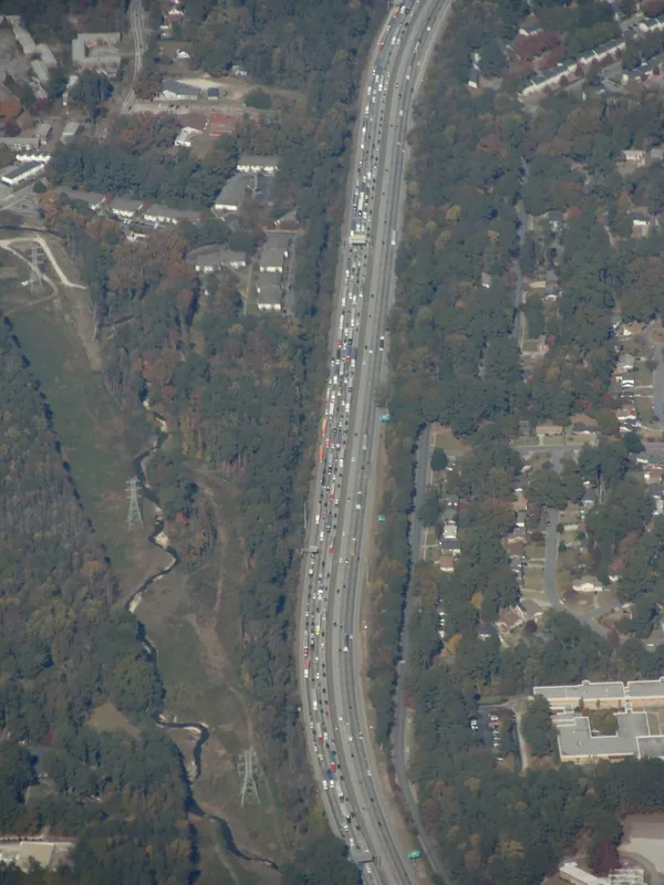 Atlanta with a traffic jam on the highway towards Downtown.